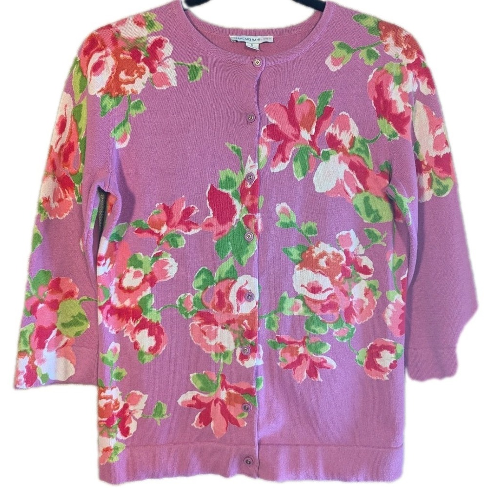 Isaac Mizrahi Live! Women's Small‎ Cardigan Bright Floral Cotton 3/4 Sleeves